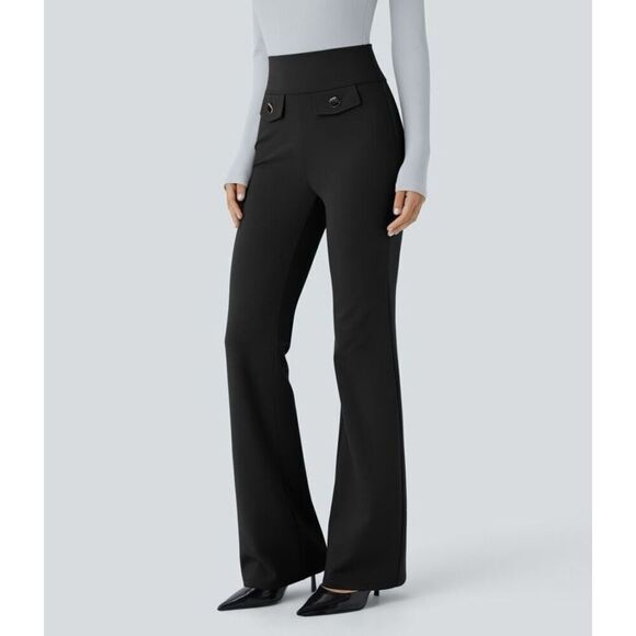 Halara Flex High Waisted Decorative Button Back Pocket Slight Flare Work Pants S - Picture 1 of 13